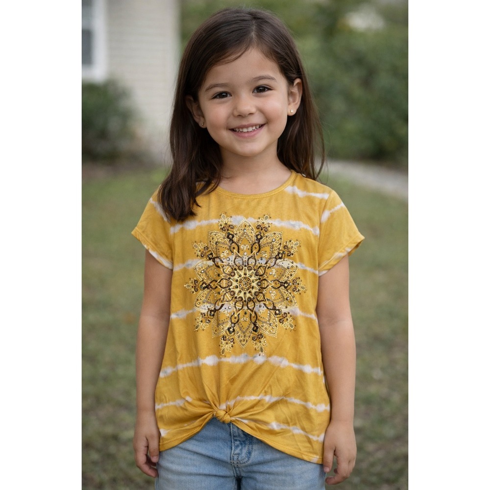 Beautees Shirt Girls Size Medium Yellow White Tie-Dye Rhinestone EUC